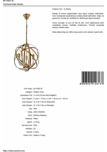 AV-4183-3E Eskitme Kaplama Modern Avize E14 Metal 36cm modelleri