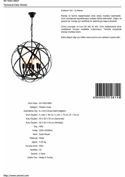 AV-4183-6BSY Siyah Boyalı Modern Avize E14 Metal 50cm modelleri