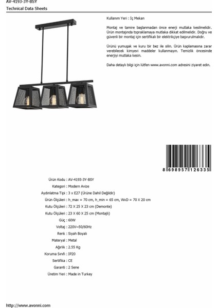 AV-4193-3Y-BSY Siyah Boyalı Modern Avize modelleri