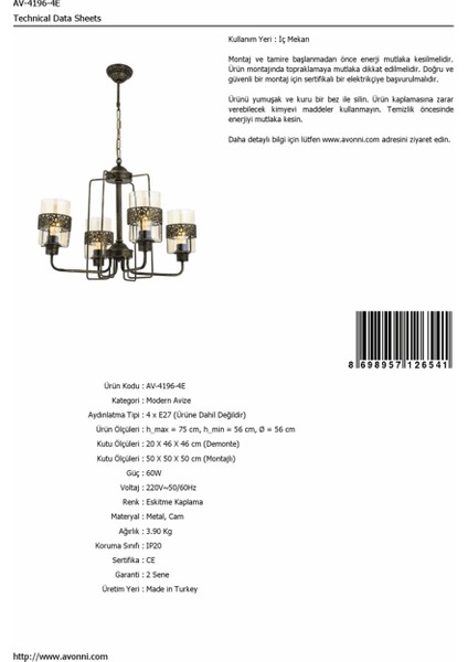 AV-4196-4E Eskitme Kaplama Modern Avize E27 Metal Cam 56cm modelleri