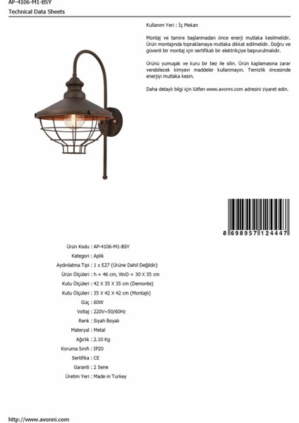 AP-4106-M1-BSY Siyah Boyalı Aplik modelleri
