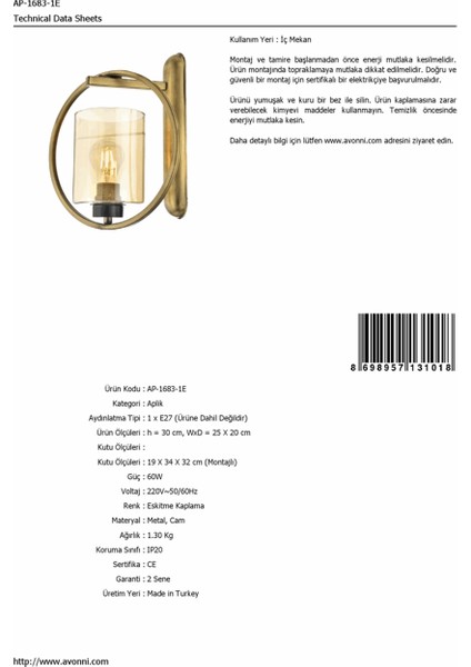 AP-60052-1E Eskitme Kaplama Aplik E27 Metal Cam 25x20cm