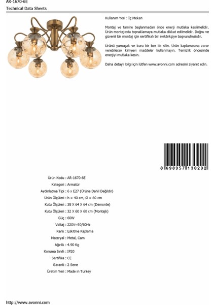 AR-60032-6E Eskitme Kaplama Modern Avize fiyatları