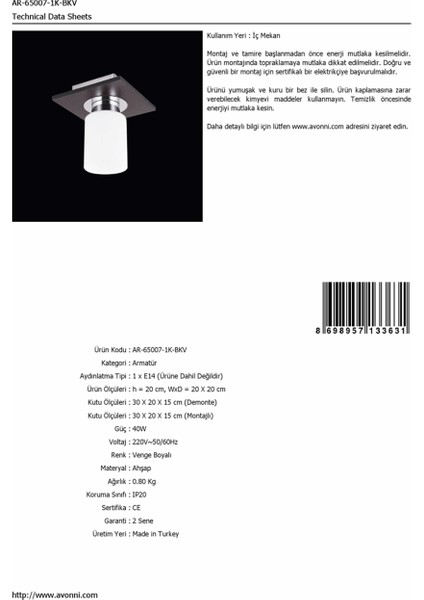 AR-65007-1K-BKV Venge Boyalı Modern Avize E14 Ahşap 20x20cm