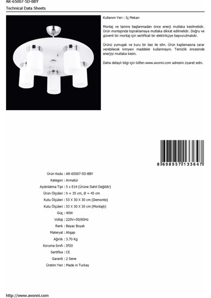 AR-65007-5D-BBY Beyaz Boyalı Modern Avize E14 Ahşap 45cm fiyatları