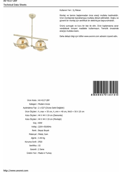 AV-4117-2BY Beyaz Boyalı Modern Avize E27 Metal Cam 50x25cm