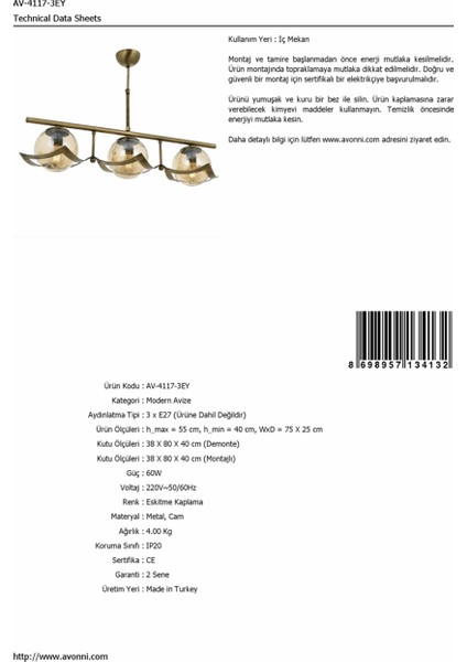 AV-4117-3EY Eskitme Kaplama Modern Avize E27 Metal Cam 75x25cm fiyatları