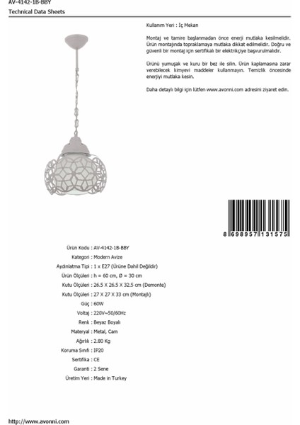 AV-4142-1B-BBY Beyaz Boyalı Modern Avize E27 Metal Cam 30cm fiyatları