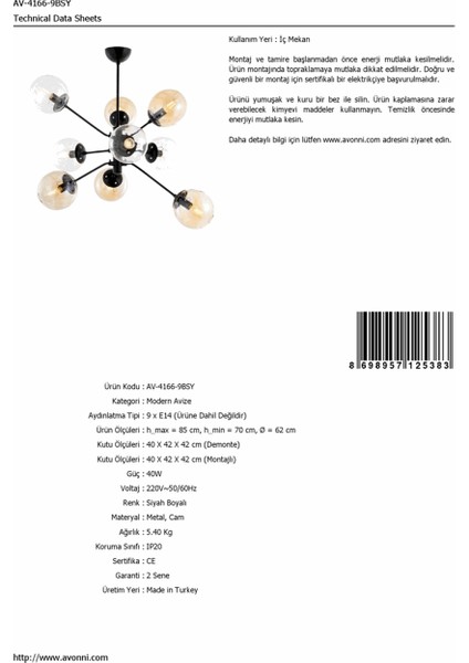 AV-4166-9BSY Siyah Boyalı Modern Avize modelleri