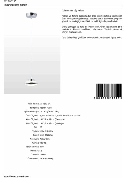 AV-4200-1K Krom Kaplama Modern Avize LED Metal Cam 10cm fiyatları