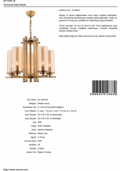 AV-4209-5E Eskitme Kaplama Modern Avize fiyatları