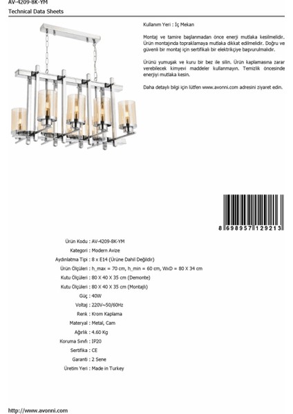 AV-4209-8K-YM Krom Kaplama Modern Avize fiyatları