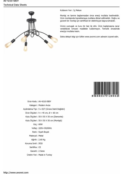AV-4210-5BSY Siyah Boyalı Modern Avize fiyatları