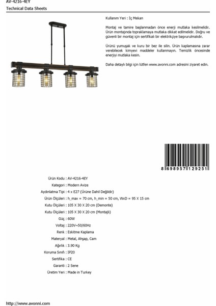 AV-60002-4EY Eskitme Kaplama Modern Avize E27 Metal Ahşap Cam 95x15cm fiyatları