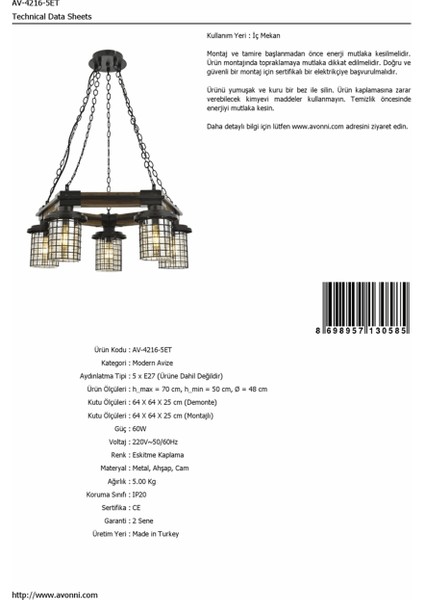 AV-60002-5ET Eskitme Kaplama Modern Avize E27 Metal Ahşap Cam 50cm fiyatları