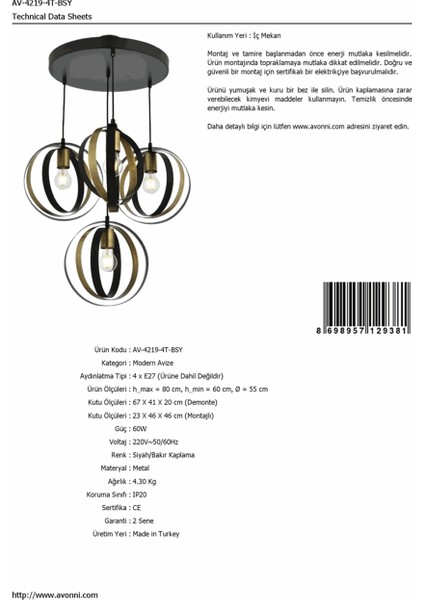 AV-60008-4T-BSY Bakır/Siyah Kaplama Modern Avize modelleri