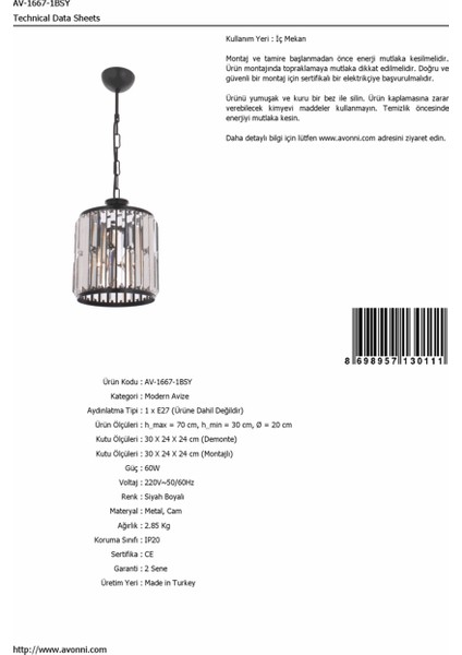 AV-60029-1BSY Siyah Boyalı Modern Avize E27 Metal Kristal 20cm