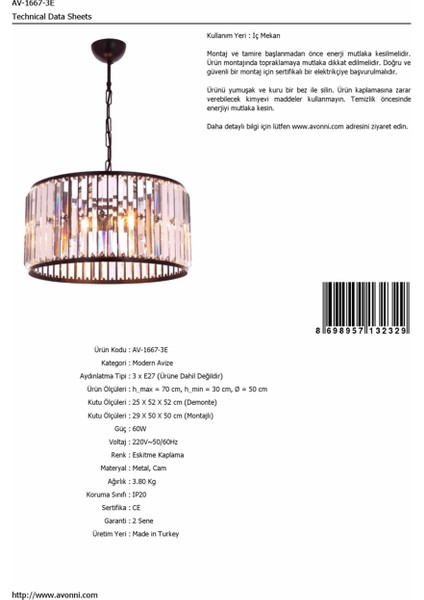 AV-60029-3E Eskitme Kaplama Modern Avize E27 Metal Cam 50cm fiyatları