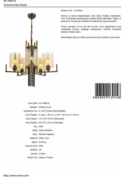 AV-60030-5E Eskitme Kaplama Modern Avize fiyatları
