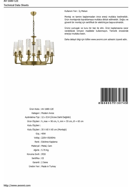 AV-60049-12E Eskitme Kaplama Modern Avize fiyatları