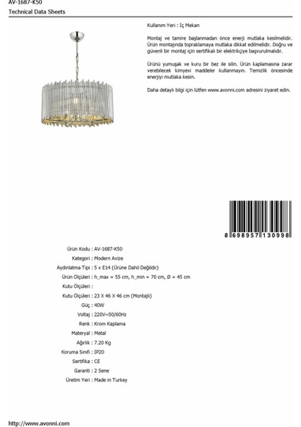 AV-60056-K50 Krom Kaplama Modern Avize E14 Metal 50cm