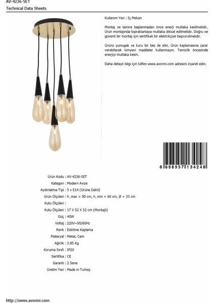 AV-60059-5ET Eskitme Kaplama Modern Avize E14 Metal Cam 33cm fiyatları