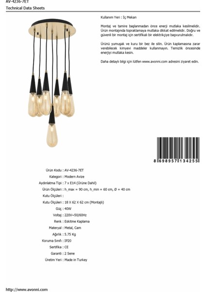 AV-60059-7ET Eskitme Kaplama Modern Avize E14 Metal Cam 40cm fiyatları