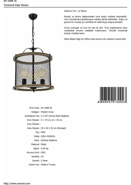 AV-60067-3E Eskitme Kaplama Modern Avize E27 Metal 40cm fiyatları