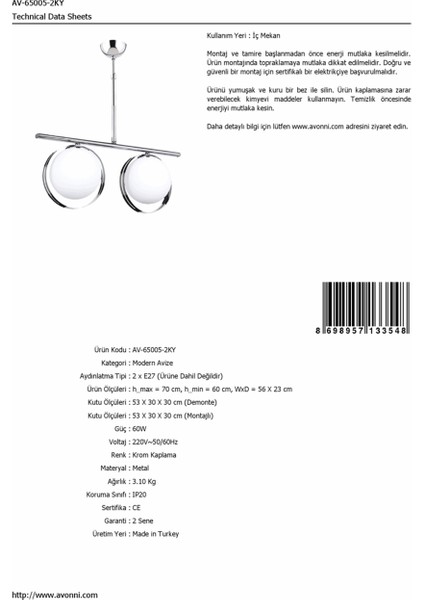 AV-65005-2KY Krom Kaplama Modern Avize E27 Metal 56x23cm modelleri