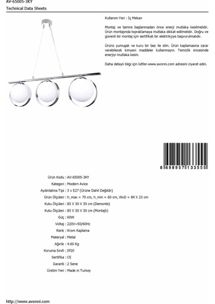 AV-65005-3KY Krom Kaplama Modern Avize E27 Metal Cam 84x23cm fiyatları