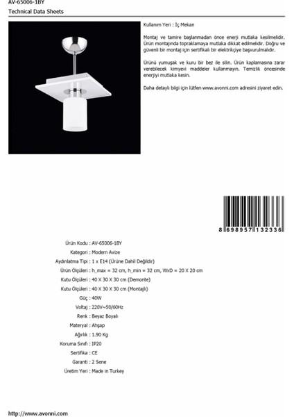 AV-65006-1BY Beyaz Boyalı Modern Avize E14 Ahşap 20x20cm fiyatları