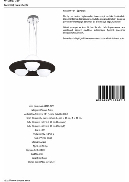 AV-65013-3KV Venge Boyalı Modern Avize E14 Ahşap 40cm