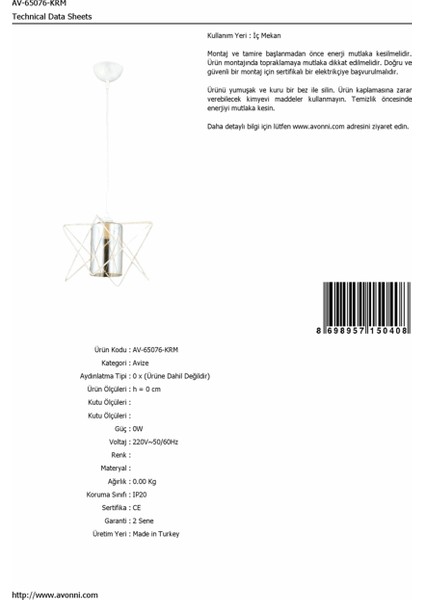 AV-65076-KRM Krem Boyalı Modern Avize E27 Metal Cam 20x20cm