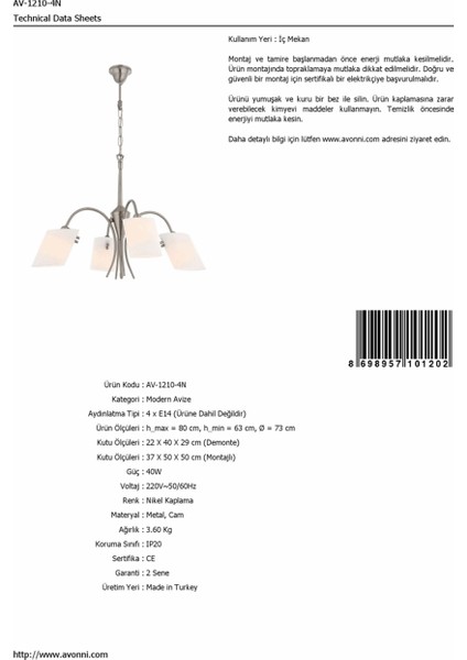 AV-1210-4N Nikel Kaplama Modern Avize modelleri