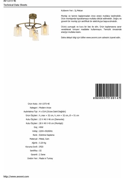 AV-1373-4E Eskitme Kaplama Modern Avize E14 Metal Cam 51cm