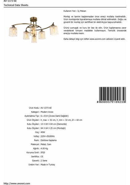 AV-1373-6E Eskitme Kaplama Modern Avize E14 Metal Cam 60cm