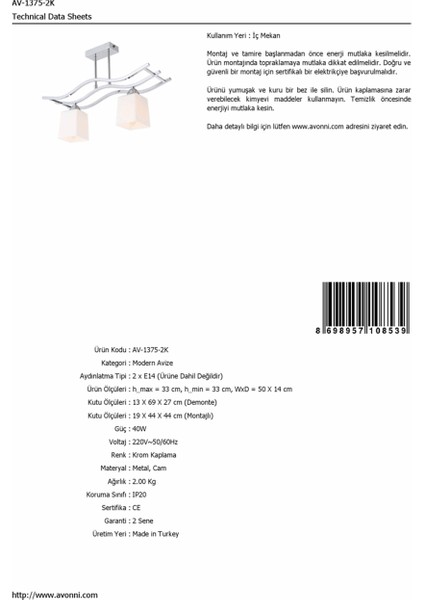 AV-1375-2K Krom Kaplama Modern Avize