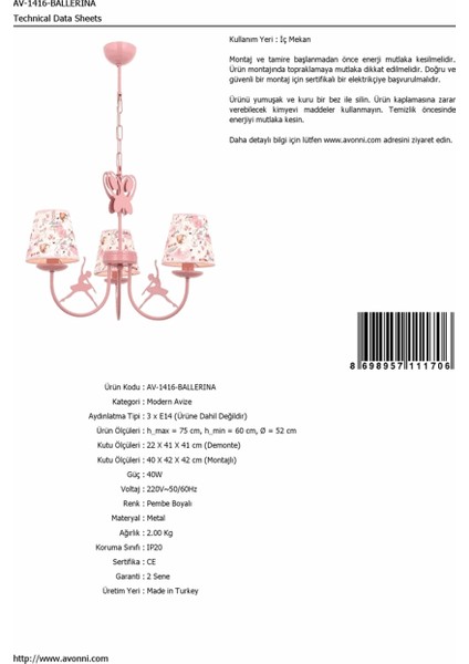 AV-1416-BALLERINA Pembe Boyalı Modern Avize E14 Metal Kumaş 52cm