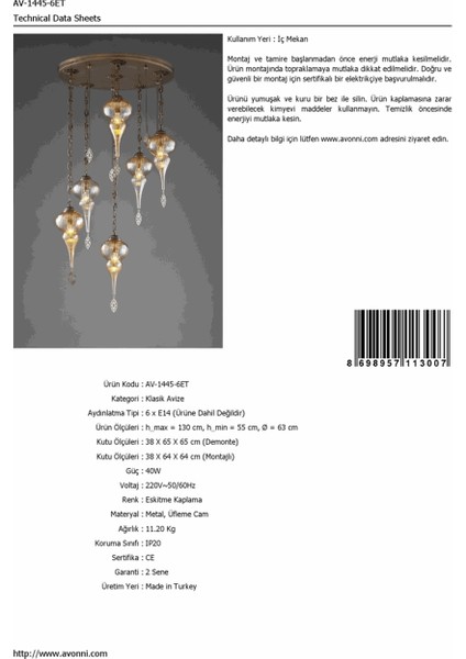 AV-1445-6ET Eskitme Kaplama Klasik Avize