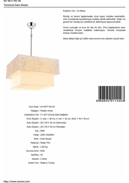 AV-4077-M2-40 Krem Boyalı Modern Avize
