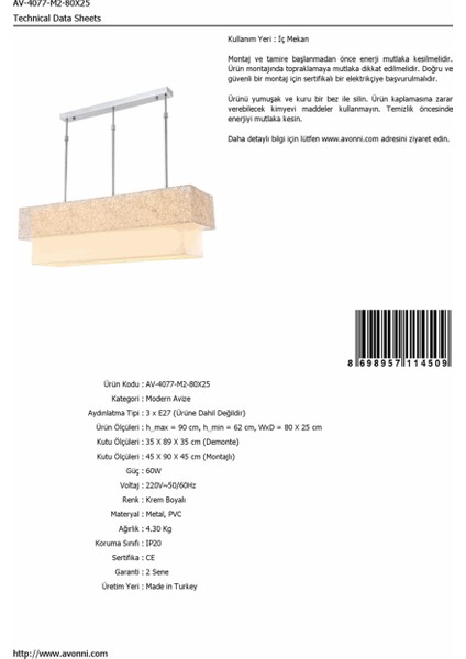 AV-4077-M2-80X25 Krem Boyalı Modern Avize