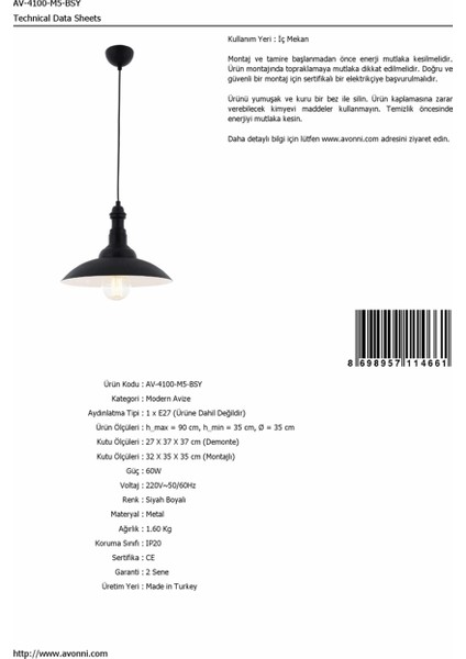 AV-4100-M5-BSY Siyah Boyalı Modern Avize E27 Metal 35cm fırsatları