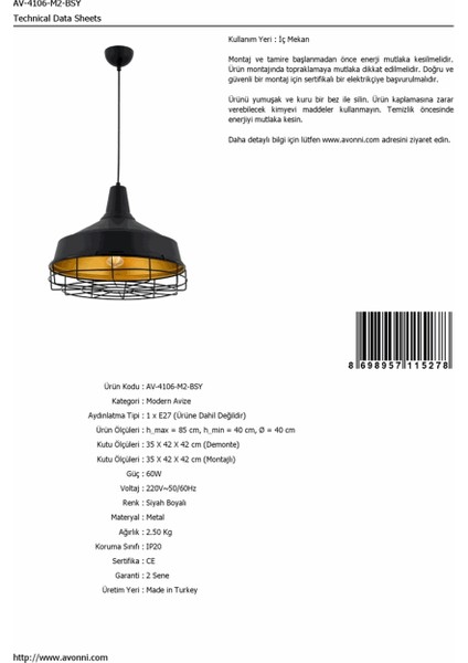 AV-4106-M2-BSY Siyah Boyalı Modern Avize E27 Metal 40cm modelleri