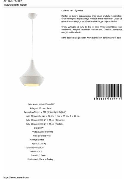 AV-4106-M6-BBY Beyaz Boyalı Modern Avize E27 Metal 27cm modelleri