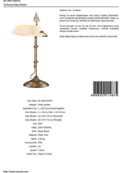ML-9063-WHITE Eskitme Kaplama Masa Lambası E27 Metal Cam 30x20cm