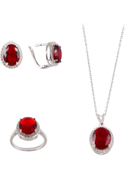 Kırmızı Zirkon Taşlı Gümüş Set 042