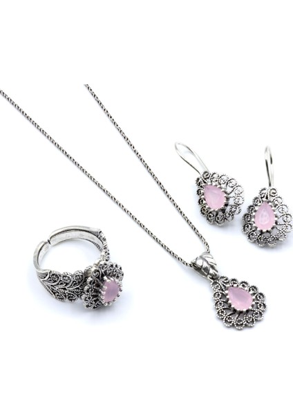 Damla Modeli Pembe Kuvars Taşlı Telkari Gümüş Set 138