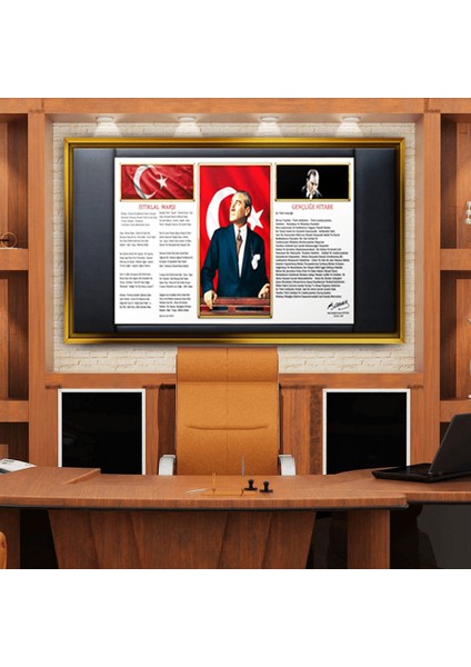Altın Çerçeveli Atatürk İstiklal Marşı Makam Odası Kanvas Tablo