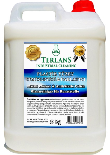 Terlans Plastik Yüzey Polietilen Temizleyici Zengin Parlaklık 5 kg + Mikrofiber Bez