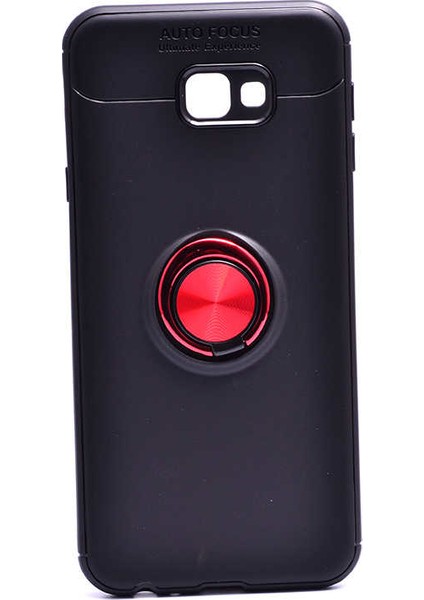 Jopus Samsung Galaxy J4 Plus Kılıf Ultra Korumalı Yüzüklü Standlı Ravel Silikon - (Siyah - Kırmızı)
